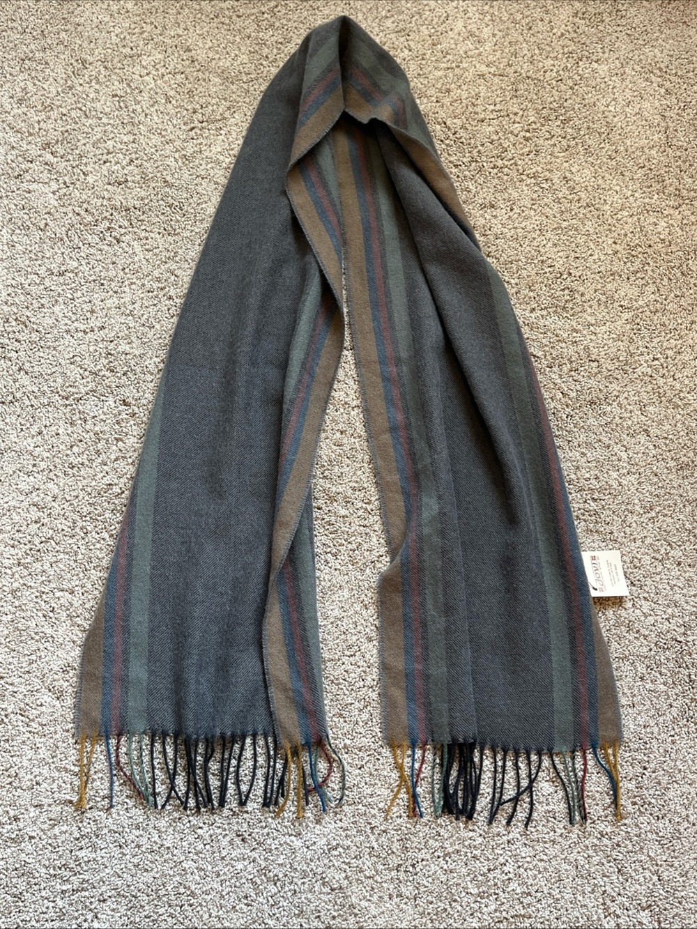 Men's Baby Puruvian Alpaca Gray Scarf with Olive, Blue, and Rust Stripes